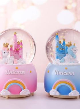 极速新款 彩虹独角兽城堡水晶球八音盒创意O礼品床头柜照明彩灯儿