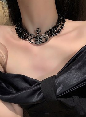 极速奇怪教母 新款满钻三层w黑玛瑙土星项链女复古个性短款锁骨链