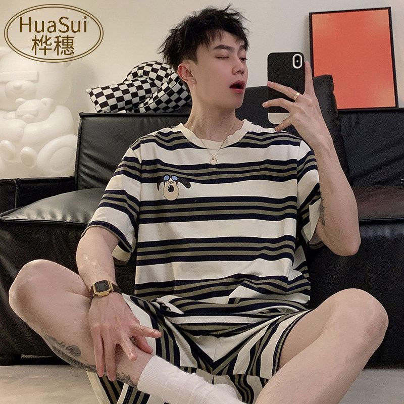 新品男士睡衣夏季薄款纯棉短袖短裤条F纹套装青年休闲家居服男款