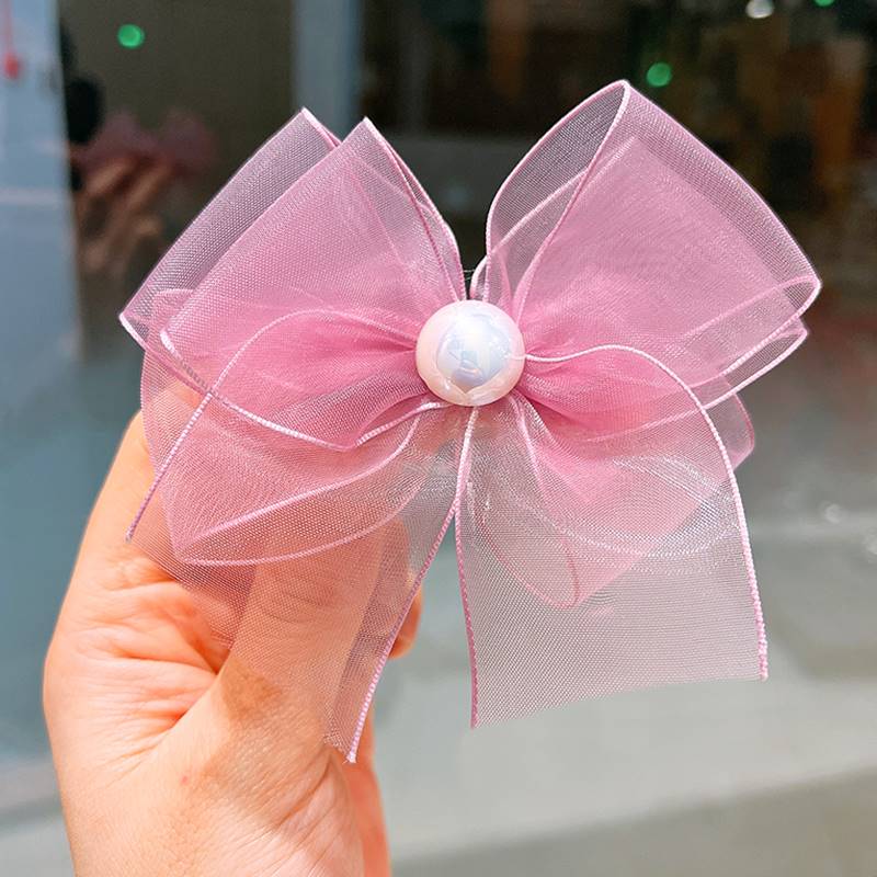 极速2023年儿童珍珠网纱蝴蝶结发夹F韩版小女孩公主发卡可爱刘海