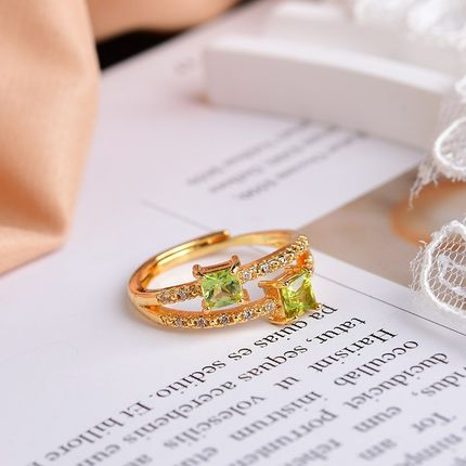 极速天然橄榄石双m颗粒戒指 女款 白铜镀金活口 Y1954