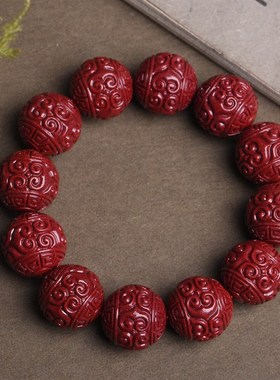 极速原矿朱e砂紫金砂回纹珠单圈手链 高含量朱砂回纹雕刻手串 包