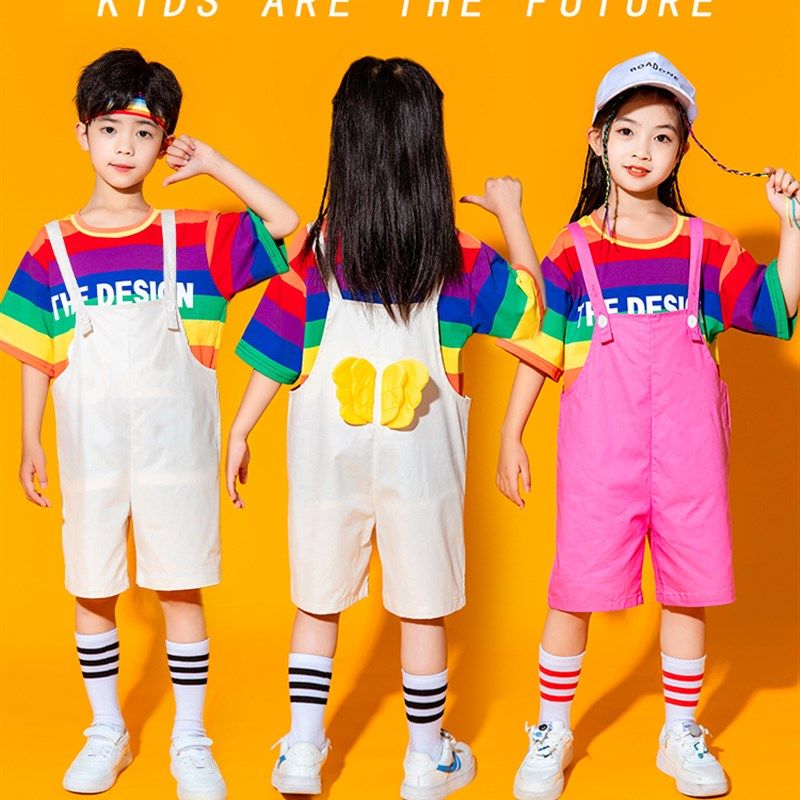 极速六一背带裤套装演出服v啦啦队一年级彩虹表演服装女童儿童节