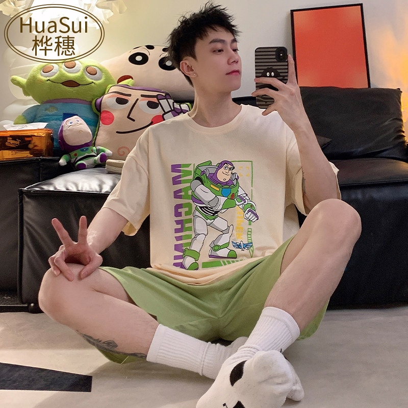 新品男士睡衣夏季纯棉短袖短裤卡通巴斯光年学P生夏天薄款大码家