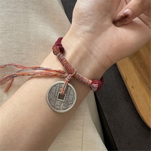 包邮 疯O狂 DM196 手链 极速纯铜山鬼花钱币手编绳