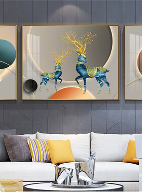 极速客厅装饰画沙发背景墙壁画现代简约轻K奢挂画橙色调福禄呈祥