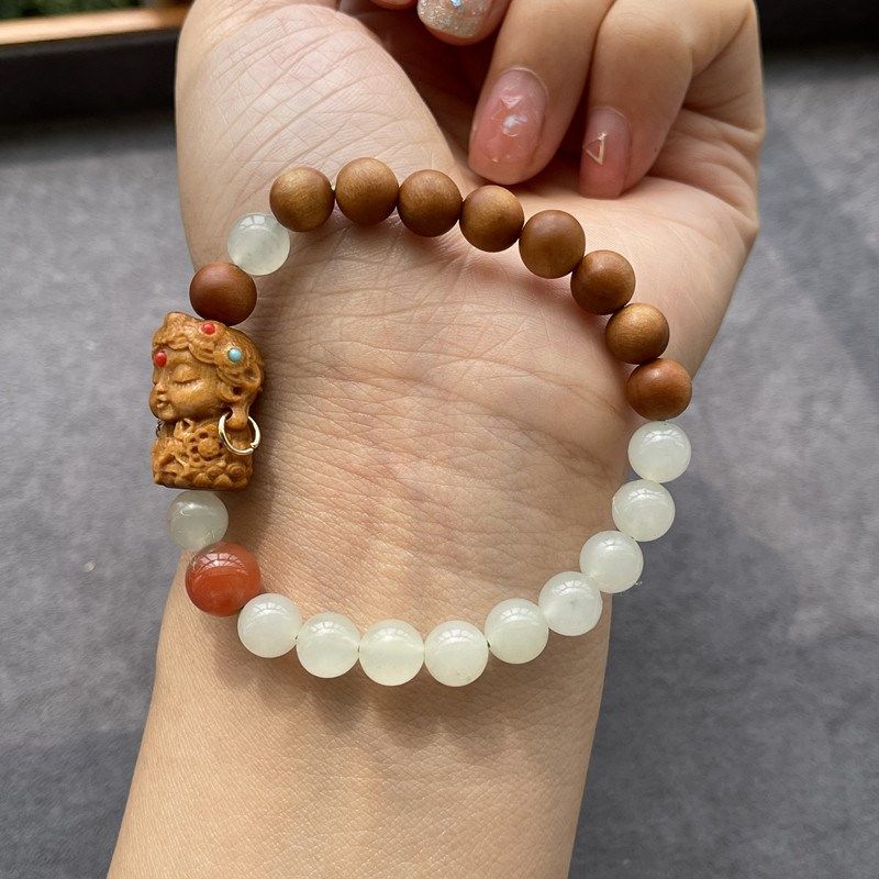 极速8mm天然晴水和田玉老山檀度母手串 手链 配P南红散珠 JS137