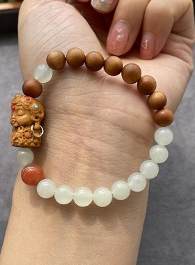 极速8mm天然晴水和田玉老山檀度母手串 手链 配P南红散珠 JS137