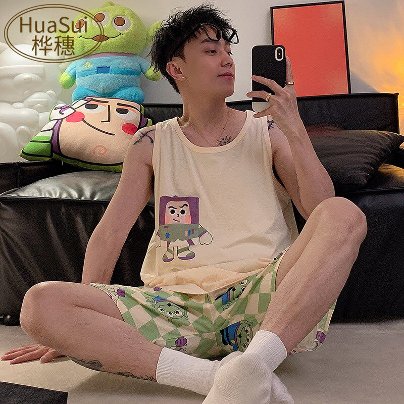 新品男士睡衣男款夏n季纯棉夏款背心无袖男生青少年大码运动家居