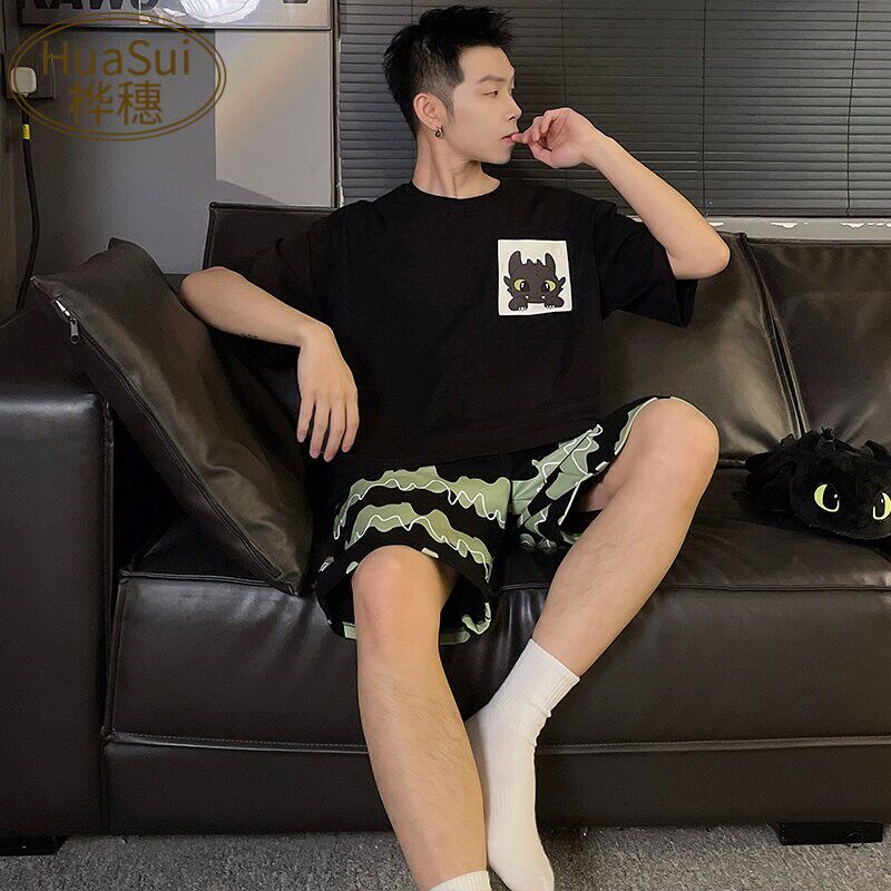新品春夏季纯棉短袖长裤睡衣男士款圆领卡L通宽松短裤三件套学生