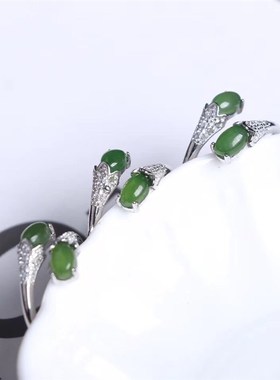 极速天然和c田碧玉双颗粒戒指 老料菠菜绿 白铜镶嵌 特价包邮 Y10