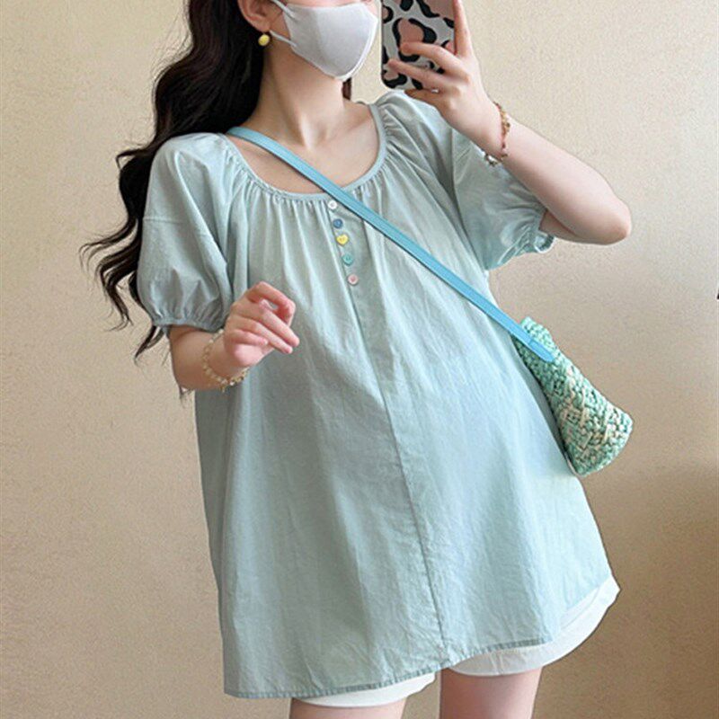 新品孕妇装夏装20l25新款套装夏季短袖娃娃衬衫上衣中长款小个子