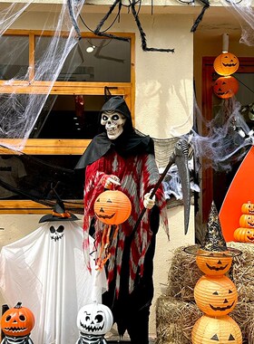 极速万圣节摆件j橙色圆形纸灯笼搞怪装饰品摆件氛围场景布置门店