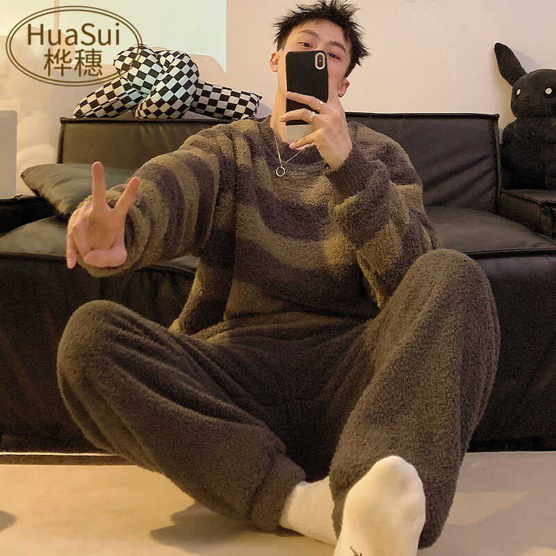 新品半边绒睡衣男秋冬款珊瑚绒保暖青少J年学生冬季条纹大码家居