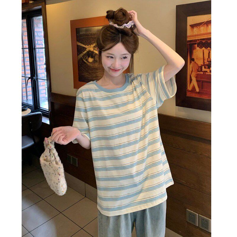 新品孕妇装夏装短袖t恤q女2025新款夏季减龄中长款条纹上衣宽松遮