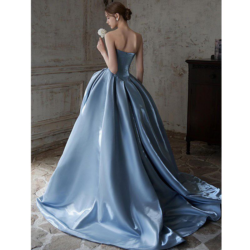 极速蓝色晚礼服2025新款法式缎面抹胸公主裙艺R考主持演出服生日