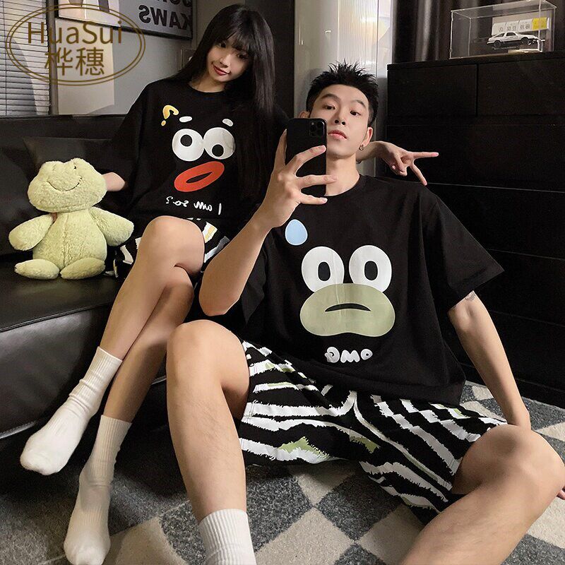 新品情侣睡衣女夏季薄款卡通搞怪纯棉短袖短裤长裤U宽松三件套男