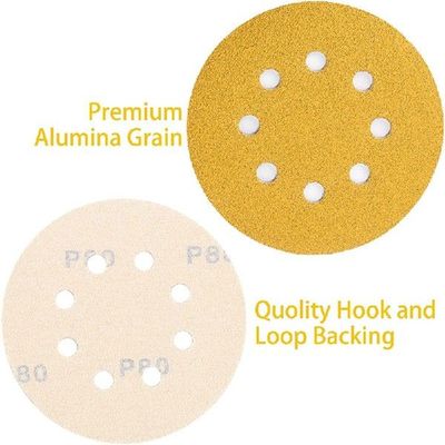极速100Pcs Gold Sanding Disc 5 Inch SaInding Discs 8 Hole Ho