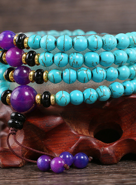 极速民族风绿松石k手链108颗佛珠手串毛衣链项链饰品男女节日生日