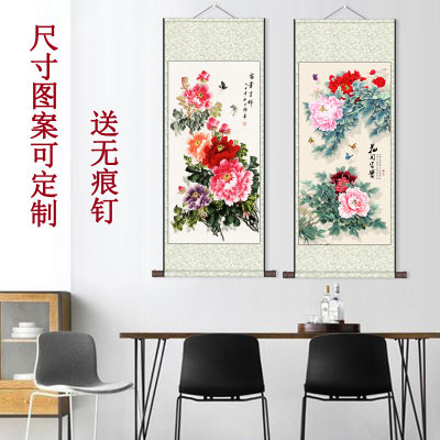 国色天香国画礼品卷轴画花鸟字画中式挂画酒店背景房间壁画丝绢画