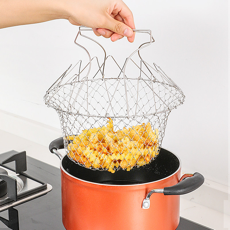 炸篮不锈钢折叠油炸网篮圆形伸缩滤油网油条过滤洗菜沥水蓝沥油筛