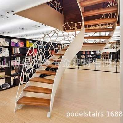 钢木楼梯U型弧型弯曲钢木结构楼梯工程建筑装饰各种护栏楼梯