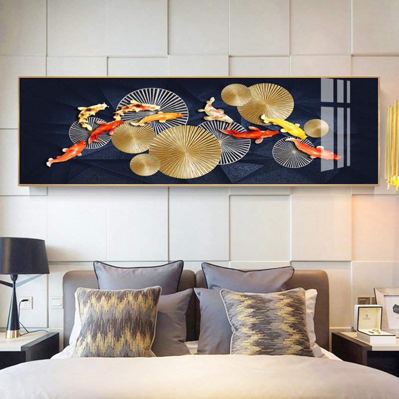 新中式卧室床头装饰画挂画横版九鱼图H简约客厅轻奢壁画镶钻老人图片