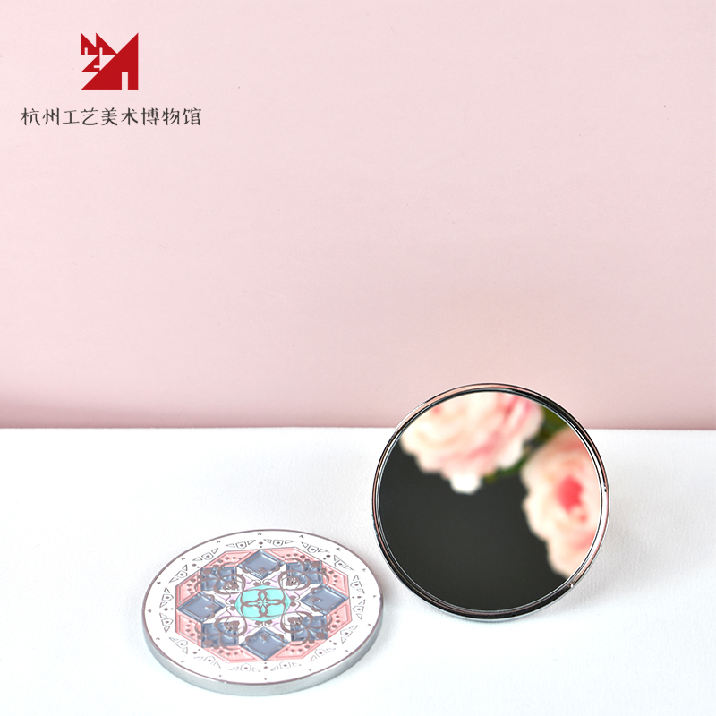 【杭州工艺美术博物馆】古织梦化妆镜子带皮套圆形粉嫩.随身梳妆