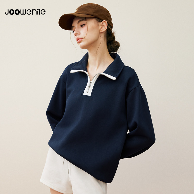 JOOWENILE新款长袖翻领卫衣女高级感英伦风运动半拉链polo领上衣