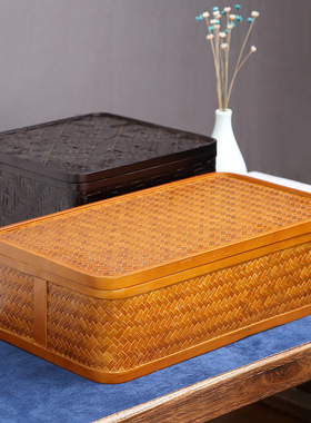 日式竹编茶具收纳盒竹制漆茶盒功夫茶道储存竹筐食盒复古手工茶箱