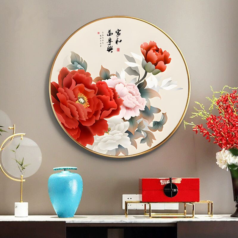 富贵牡丹图进门玄k关装饰画新中式餐厅背景墙挂画圆形走廊尽头壁图片
