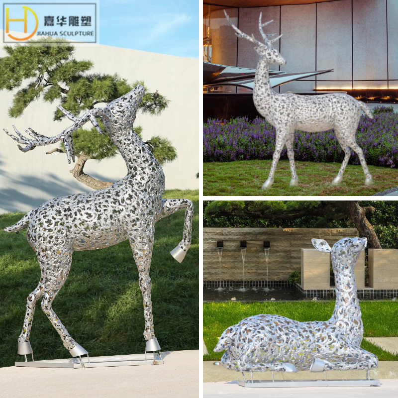 不锈钢鹿雕塑金属动物雕塑镜面几何鹿镂空铁艺鹿雕塑户外摆件制作