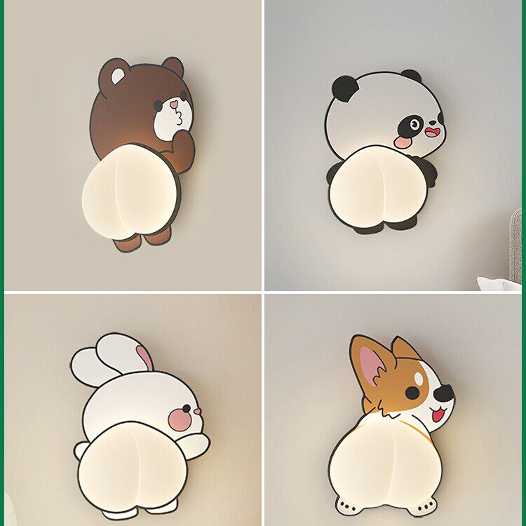 儿童房壁灯北欧创意熊猫狗狗兔子床头灯家用温馨小夜灯背景氛围灯