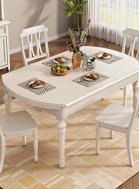 A10L美式白色餐桌可伸缩折叠家用可变圆桌乡村复古全实木餐桌椅组