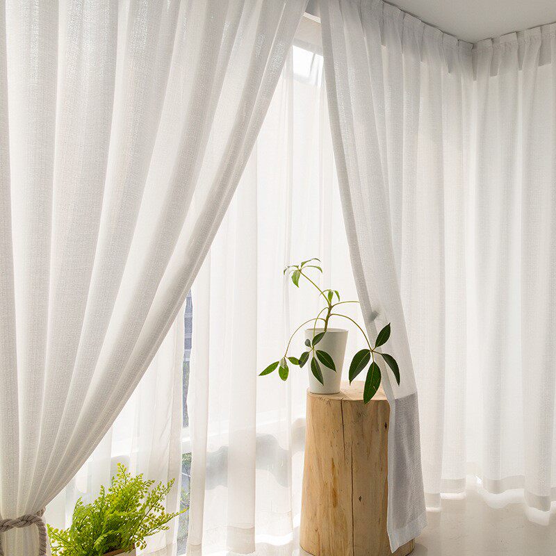 自粘式安装白色窗帘飘窗纱帘窗纱透光不透人魔术贴免打孔隔北琴萱