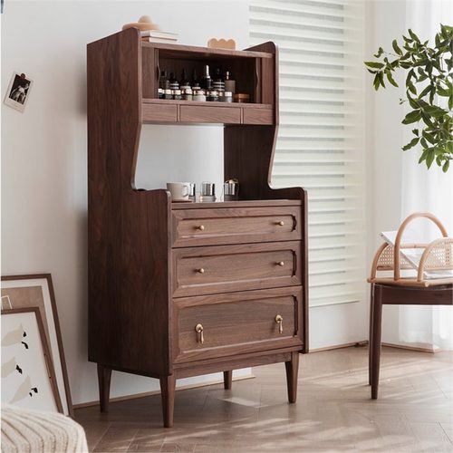 北欧中古黑胡桃木化妆桌卧室现代简约大容量樱桃木一体靠墙收纳柜
