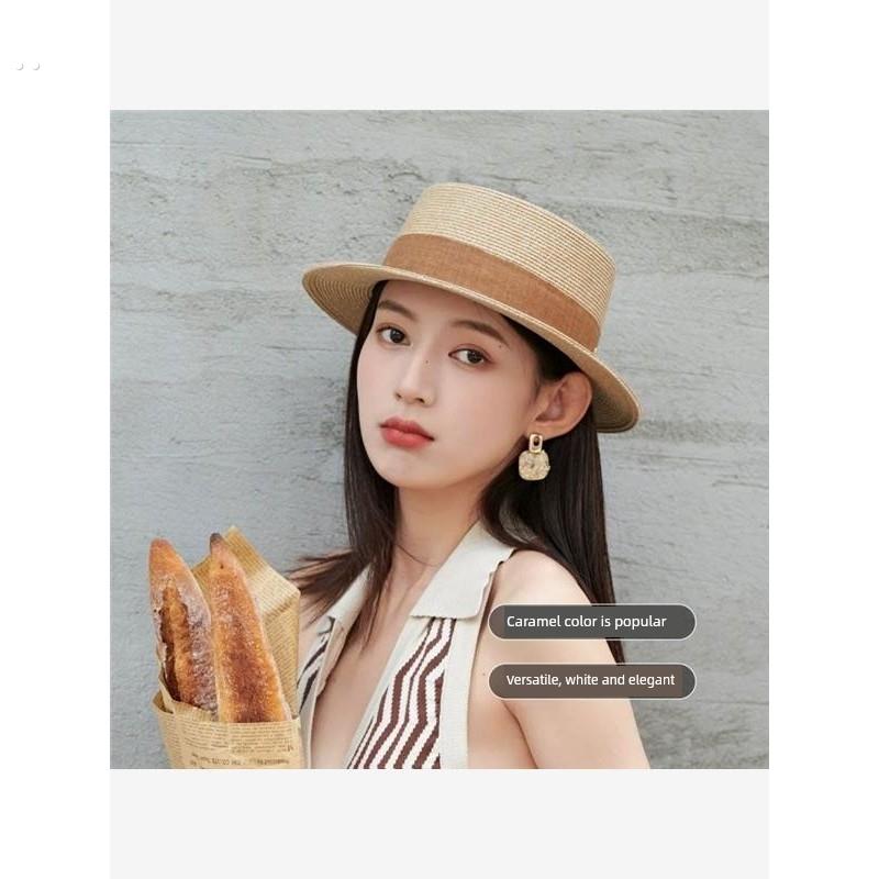 网红草帽子女春夏法式平顶礼帽英伦遮阳防晒海边平沿宽檐男女同款