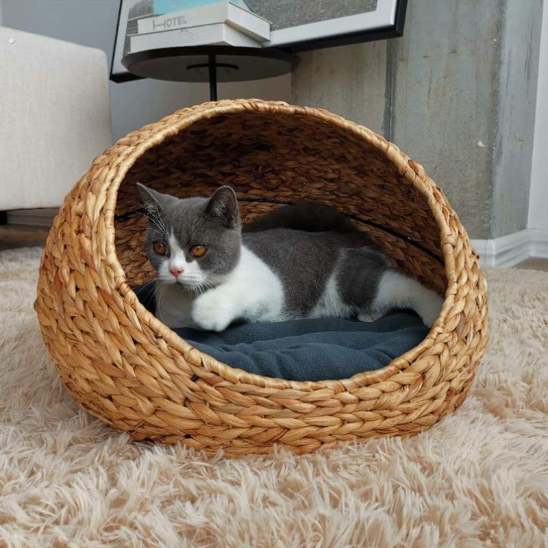藤编封闭闭式剑麻猫爬架藤编猫窝夏季狗窝蒲草四季两用日式新款