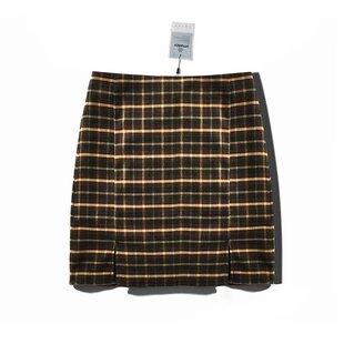 网红BM时尚新款娜扎同款格子包臀裙 性感侧开叉半身裙 带安全裤