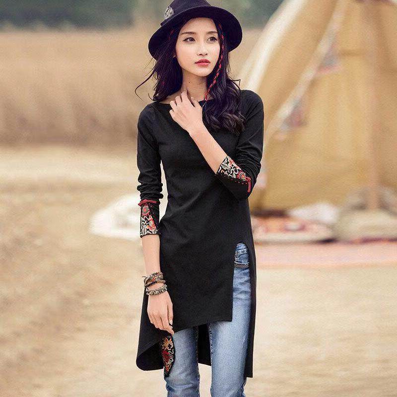 中长款长袖T恤女2023春秋新款一字领开叉上衣修身显瘦黑色连衣裙,女装/女士精品,卫衣/绒衫,淘宝优惠券,粉丝福利购,淘宝优惠卷