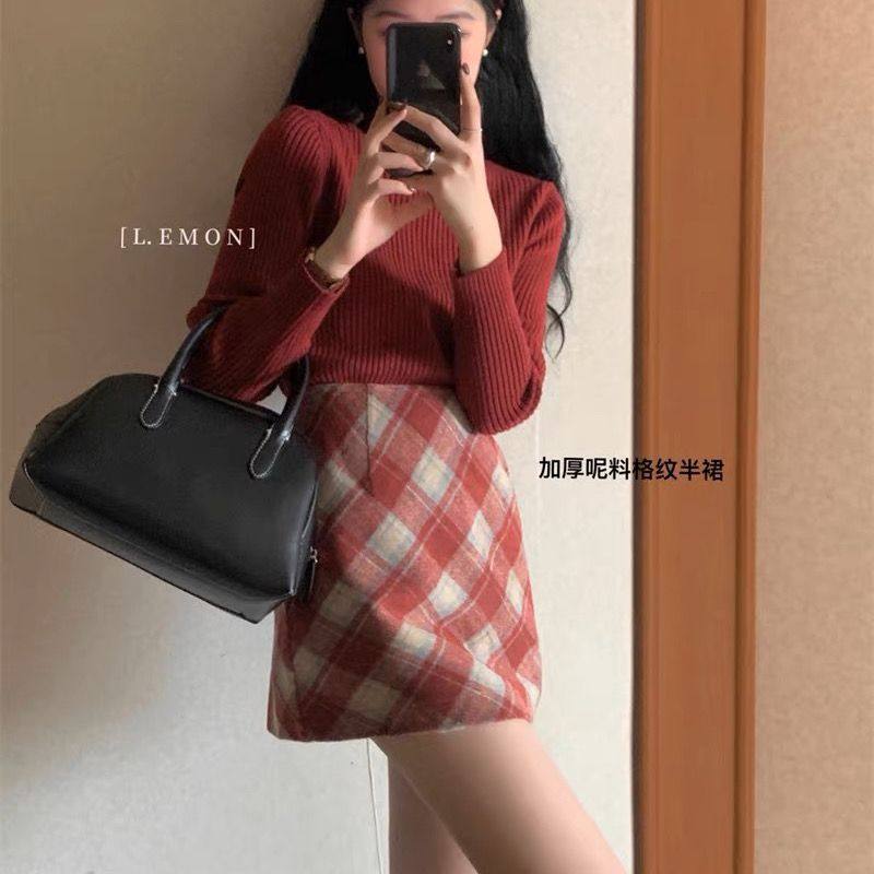 法式复古高腰格纹半身裙春秋新款气质显瘦显腿长纯欲字短裙,女装/女士精品,大码半身裙,淘宝优惠券,粉丝福利购,淘宝优惠卷