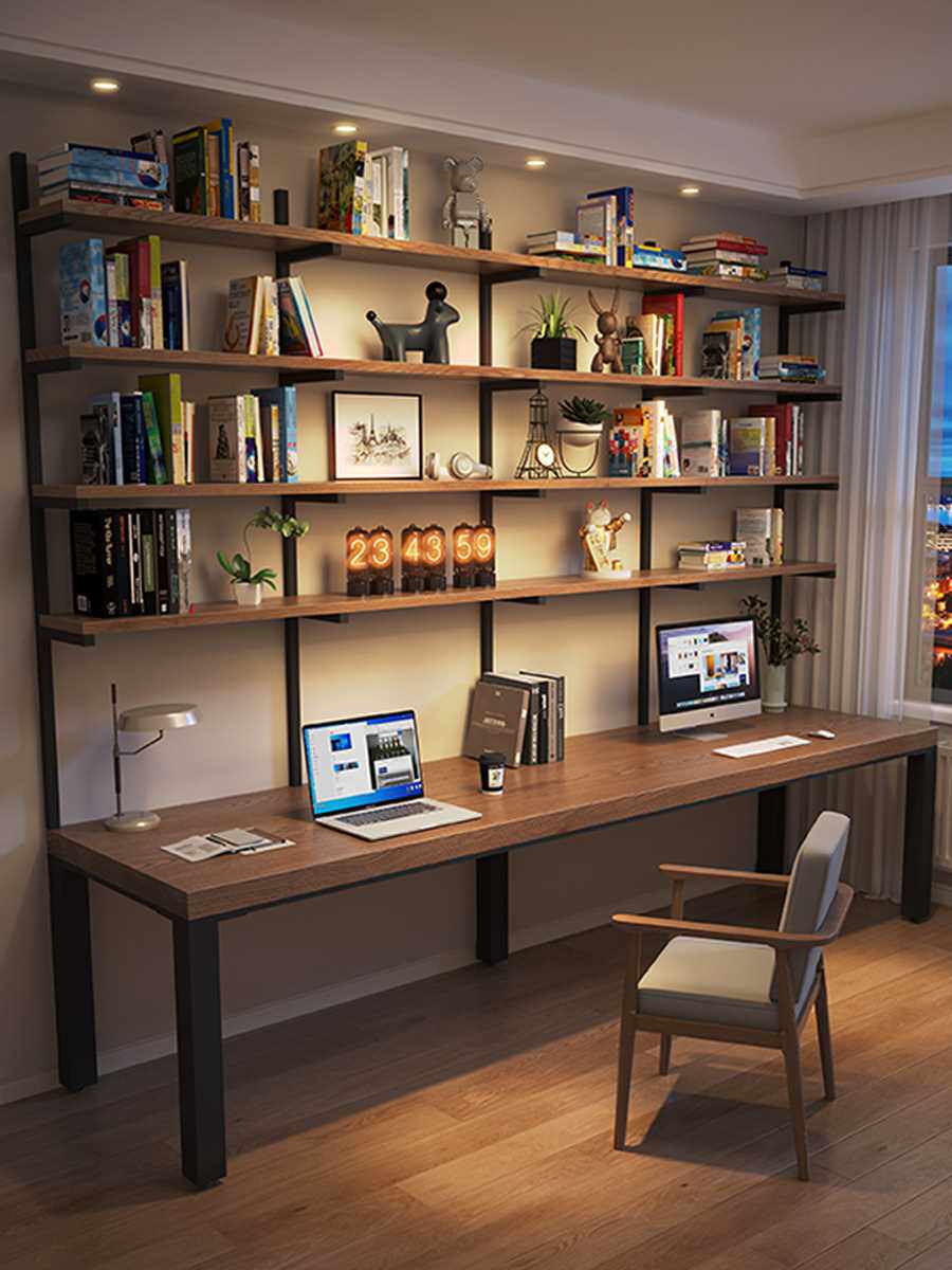 美式实木书桌书架一体靠墙简约学生学习桌书柜组合家用双人电脑桌