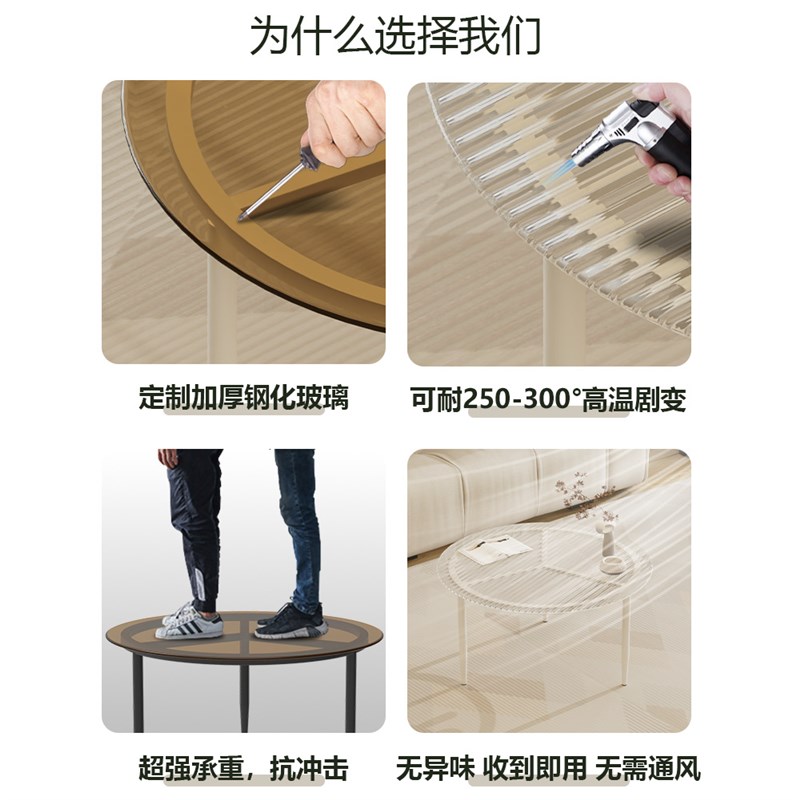 轻奢高级感客厅茶几极简小户型圆形茶色玻璃边几阳台简约铁艺圆桌