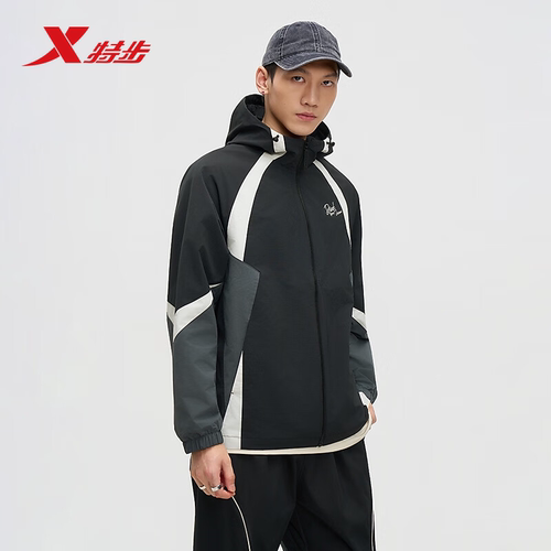 特步双层风衣男25秋季新款宽松撞色拼接休闲运动风衣975329150266