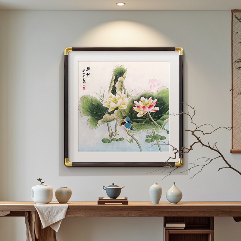 荷花装饰画新中式餐厅背景墙挂画玄关走J廊尽头客厅寓意好组合壁图片