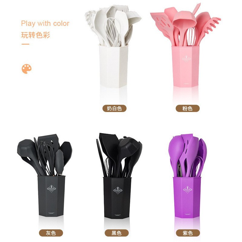 新款榉木柄c硅胶厨具12件套 带桶耐温不粘锅铲勺套装 硅胶厨具套