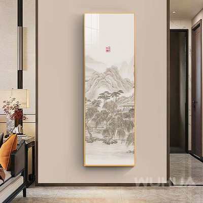 客厅隐藏式全身镜装饰画推拉隐形穿试衣镜壁挂画山水玄关镜子挂画