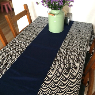 简约复古青海波浪纹海浪几何蓝色纯棉餐桌布艺台布茶几布料盖布