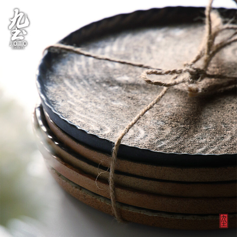 九土日式侘寂粗陶餐具牛排平盘果盘盘子西餐托盘饺子盘复古圆盘
