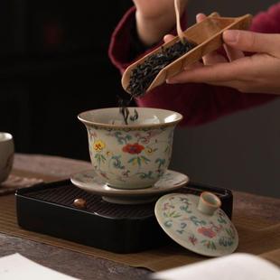 汝窑三才盖碗茶杯功夫茶碗带盖单个泡茶盖碗高端仿古陶瓷茶具家用